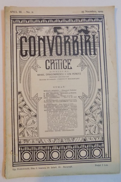 CONVORBIRI CRITICE , ANUL III , NR.2 , 25 NOIEMBRIE 1909