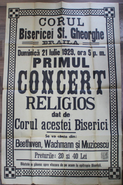 CORUL BISERICII SF. GHEORGHE , BRAILA , AFISUL PRIMULUI CONCERT RELIGIOS , 1929