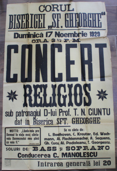 CORUL BISERICII SF. GHEORGHE DIN BRAILA , AFISUL CONCERTULUI RELIGIOS DIN 17 NOIEMBRIE , 1929