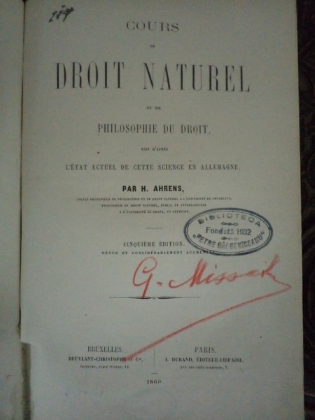 COURS DE DROIT NATUREL OU DE PHILOSOPHIE DU DROIT par H. AHRENS, EDITIA A V A, BRUXELLES/ PARIS 1860