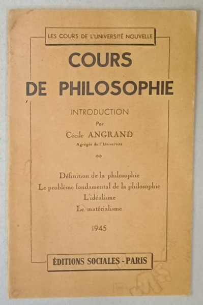 COURS DE PHILOSOPHIE , introduction par CECILE ANGRAND , 1945