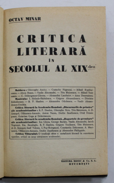 CRITICA LITERARA A SECOLULUI AL XIX - LEA de OCTAV MINAR , EDITIE INTERBELICA , SUBLINIATA CU CREIONUL *