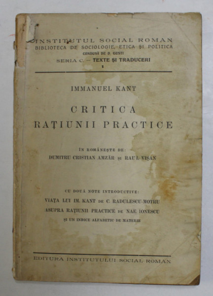 CRITICA RATIUNII PRACTICE de IMMANUEL KANT , MICI DEFECTE COPERTA FATA