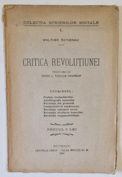 CRITICA REVOLUTIUNEI de WALTHER RATHENAU , 1923