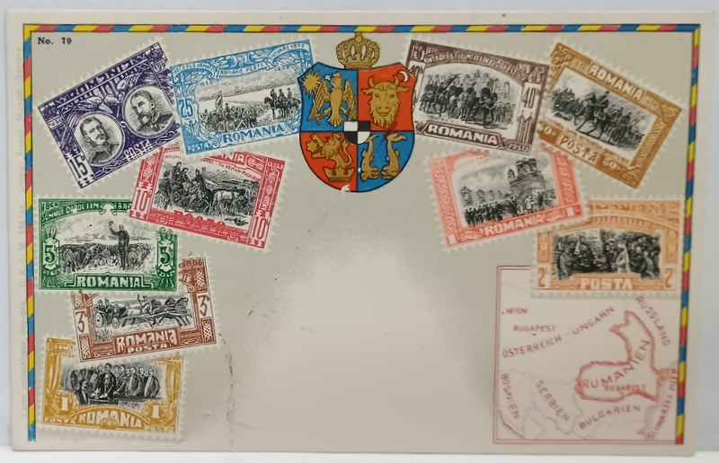 CROMOLITOGRAFIE CU 10 TIMBRE CU MOMENTE DIN VIATA SI ACTIVIATEA  REGELUI CAROL I AL ROMANIEI    , STEMA REGALA A ROMANIEI , SI HARTA ROMANIEI DUPA MICA UNIRE , INCEPUTUL SEC. XX