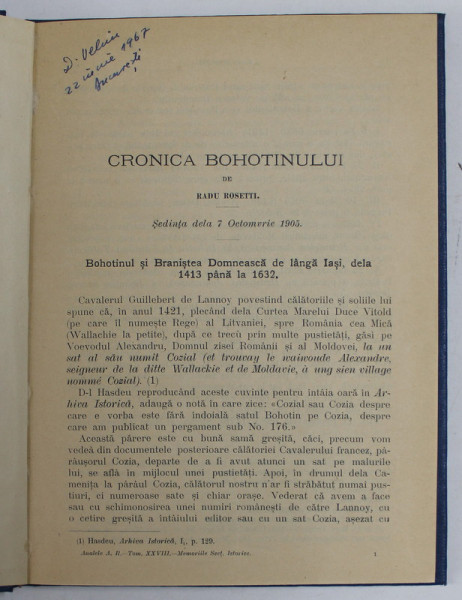 CRONICA BOHOTINULUI de RADU ROSETTI , EXTRAS DIN ANALELE ACADEMIEI ROMANE SERIA II - TOM XXVIII MEMORIILE SECTUNII ISTORICE , 1905