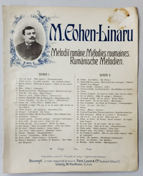 CULEGERE DE MELODII ROMANESTI de M. COHEN -  LINARU , nr. 10 : DRAGA MEA , PARTITURA CU TEXT IN ROMANA , FRANCEZA , GERMANA , CCA. 1900