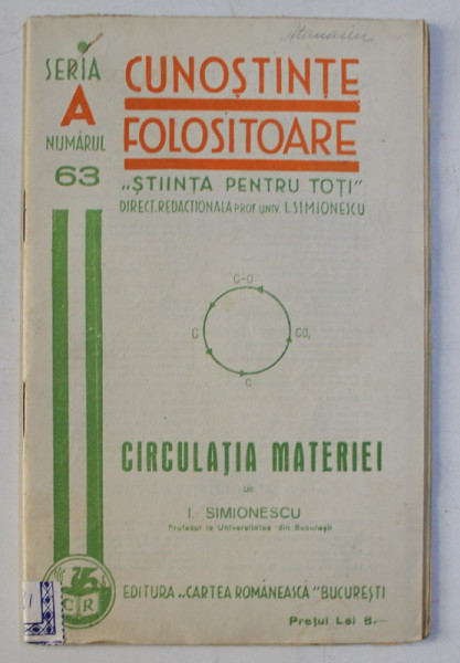 CUNOSTINTE FOLOSITOARE SERIA A NR. 63 - CIRCULATIA MATERIAI de I. SIMIONESCU , 1937