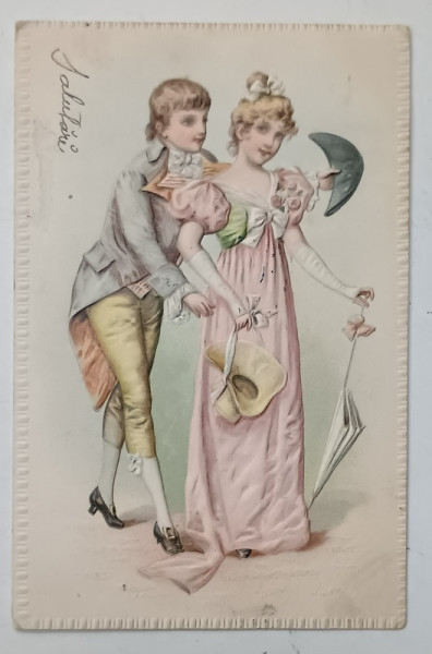 CUPLU IN COSTUME DE EPOCA , CARTE POSTALA EMBOSATA , POLICROMA, CLASICA , DATATA  1902