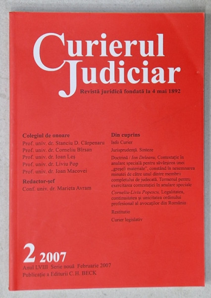 CURIERUL JUDICIAR , REVISTA JURIDICA FONDATA LA 4 MAI 1892 , NR. 2 , 2007