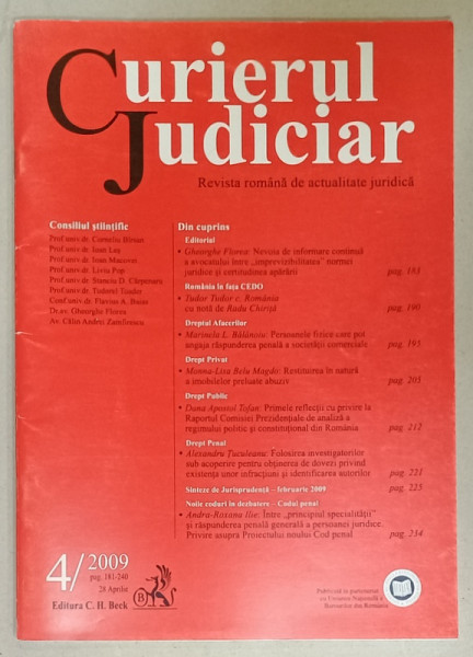 CURIERUL JUDICIAR , REVISTA ROMANA DE ACTUALITATE JURIDICA , NR. 4 / 2009