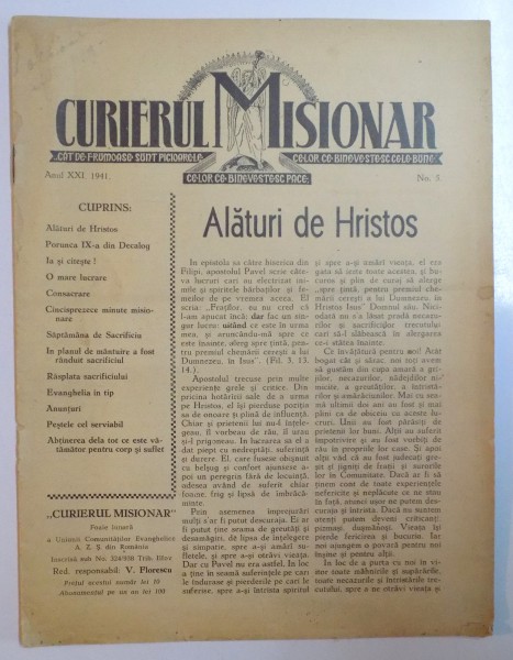 CURIERUL MISIONAR , ANUL XXI , NO. 5 , 1941