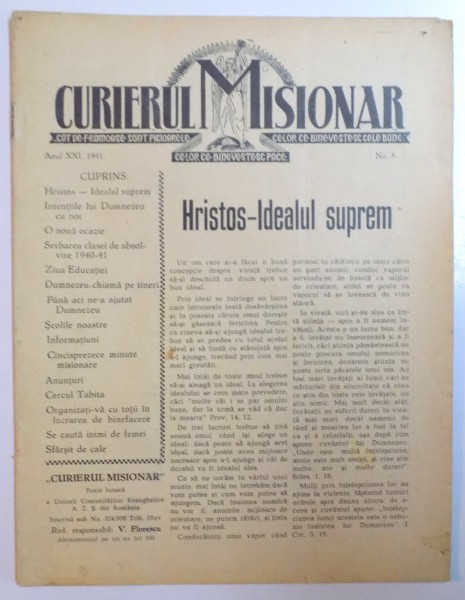 CURIERUL MISIONAR , ANUL XXI , NO. 8 , 1941