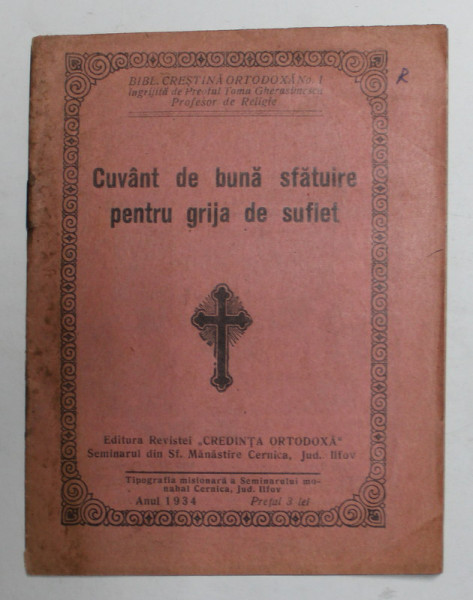 CUVANT DE BUNA SFATUIRE PENTRU GRIJA DE SUFLET , 1934