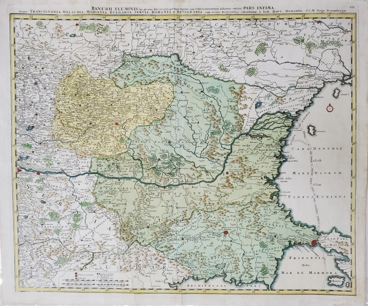 Danubii Fluminis, Cursul Dunarii, Transilvania, Moldova, Valahia, Basarabia... - Johan Baptist Homann, 16