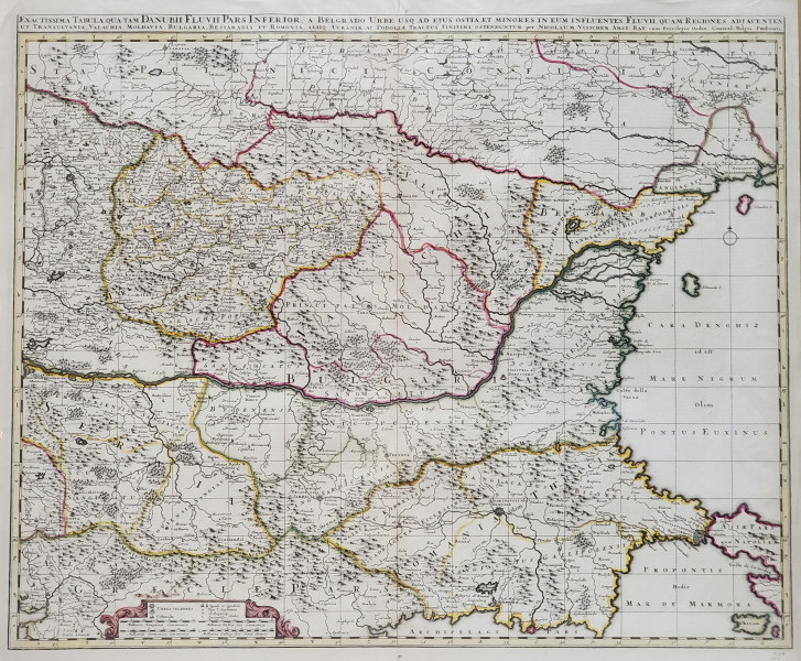 Danubii Fluvii pars Inferior, Valahia, Moldavia, Basarabia, Harta Partea inferioara a Dunarii - Gravura, Amsterdam, cca. 1690