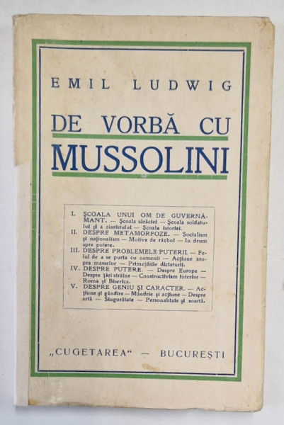 DE VORBA CU MUSSOLINI de EMIL LUDWIG , COTOR RESTAURAT