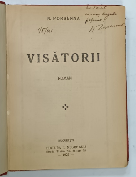 DEDICATIA lui  N. PORSENNA pe romanul sau VISATORII , 1925
