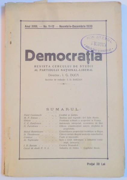 DEMOCRATIA, REVISTA CERCULUI DE STUDII AL PARTIDULUI NATIONAL LIBERAL, ANUL XVIII, NR. 11-12, NOIEMBRIE-DECEMBRIE  1930
