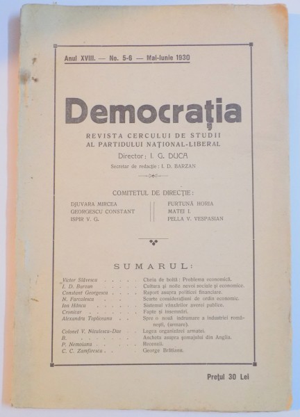 DEMOCRATIA, REVISTA CERCULUI DE STUDII AL PARTIDULUI NATIONAL LIBERAL, ANUL XVIII, NR. 5-6, MAI-IUNIE  1930