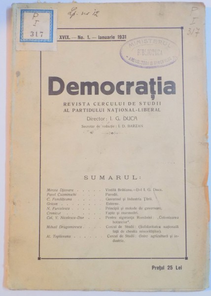 DEMOCRATIA, REVISTA CERCULUI DE STUDII AL PARTIDULUI NATIONAL LIBERAL, ANUL XVIX, NR. 1, IANUARIE 1931