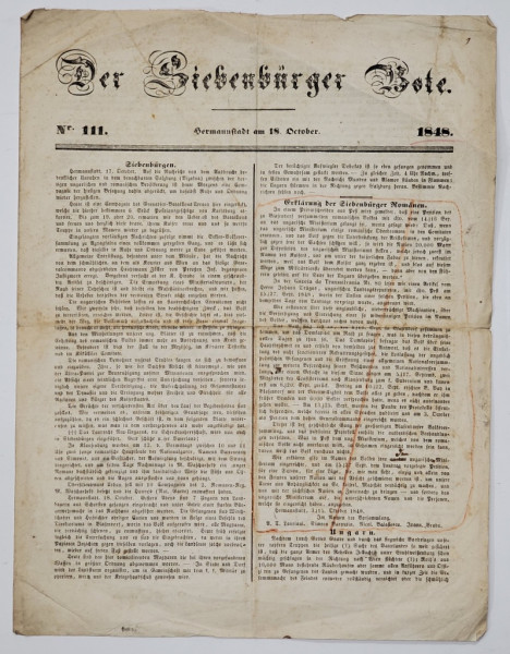 DER SIEBENBURGER BOTE , NR. 111  ZIAR , APARUT LA SIBIU , TEXT IN GERMANA CU CARACTERE GOTICE , 18 OCT. 1848