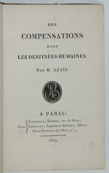 DES COMPENSATIONS DANS LES DESTINEES HUMAINES par H. AZAIS , 1809