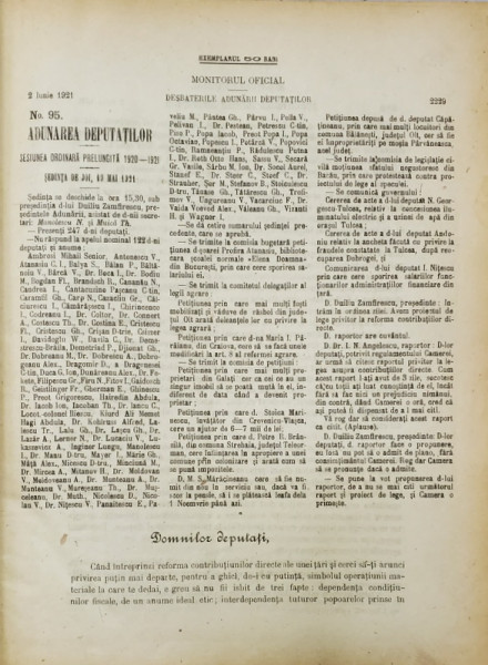 DESBATERILE ADUNARII DEPUTATILOR , 2 IUNIE  1921 - 8 FEBRUARIE 1922