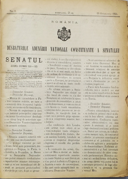 DESBATERILE ADUNARII NATIONALE CONSTITUANTE A SENATULUI , 18 OCTOMBRIE 1924 - 14 MAI  1925