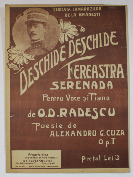 DESCHIDE , DESCHIDE FEREASTRA , SERENADA PENTRU VOCE SI PIANO de O.D. RADESCU , POEZIE de ALEXANDRU G. CUZA , OPUS I , CCA. 1900 , PARTITURA