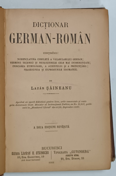 DICTIONAR GERMAN - ROMAN de LAZAR SAINEANU , 1901
