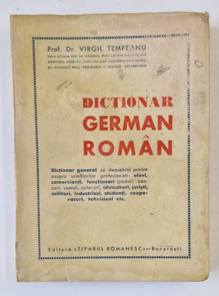 DICTIONAR GERMAN ROMAN de  VIRGIL TEMPEANU , 1943