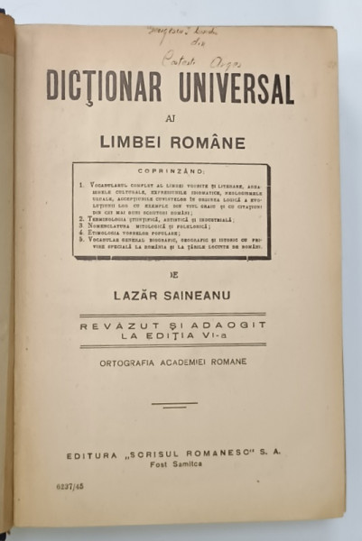 DICTIONAR UNIVERSAL AL LIMBII ROMANE de LAZAR SAINEANU , 1929