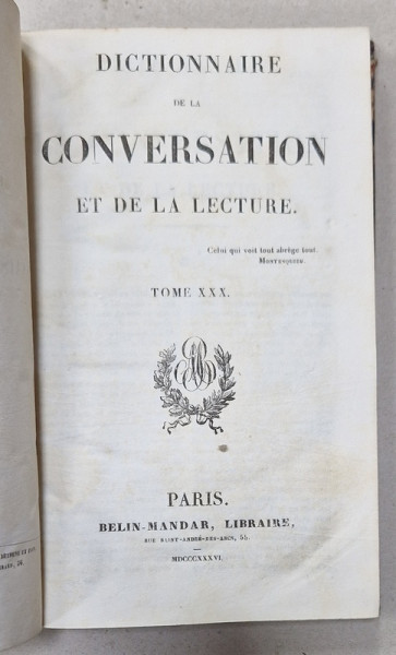 DICTIONNAIRE DE LA CONVERSATION ET DE LA LECTURE , TOME XXX , 1836