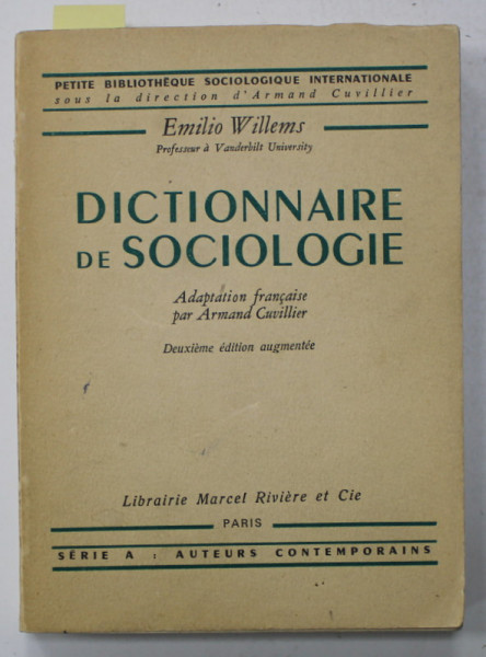 DICTIONNAIRE DE SOCIOLOGIE par EMILIO WILLEMS , 1970 , SEMNATA  DE TRAIAN HERSENI *