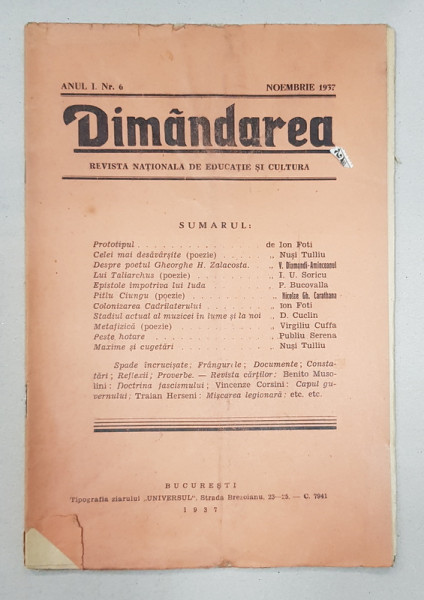 DIMANDAREA, ANUL I, Nr. 6, NOIEMBRIE 1937