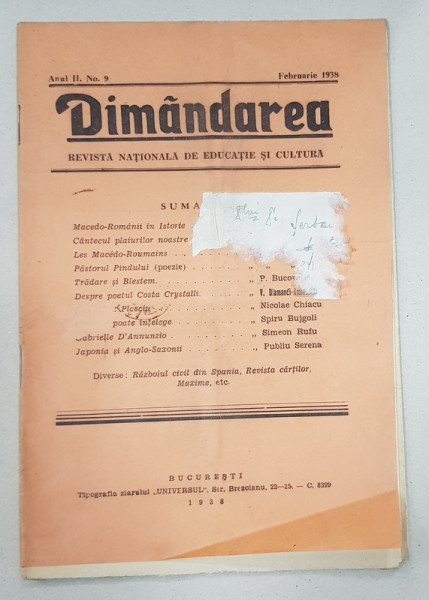 DIMANDAREA, ANUL II, Nr. 9, FEBRIARIE 1938