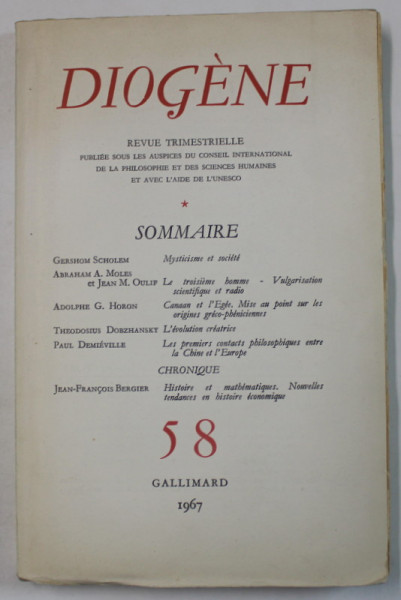DIOGENE , REVUE TRIMESTRIELLE , No. 58 , 1967