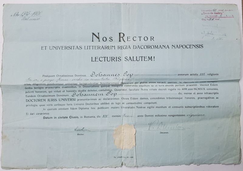 DIPLOMA DE ABSOLVENT AL UNIVERSITATII DACOROMANE DIN CLUJ , SEMNATA OLOGRAF DE SEXTIL PUSCARIU , 1920