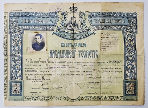 Diploma de Bacalaureat, Emisa de Colegiul National 'Carol I ' din Craiova, Iulie, 1945