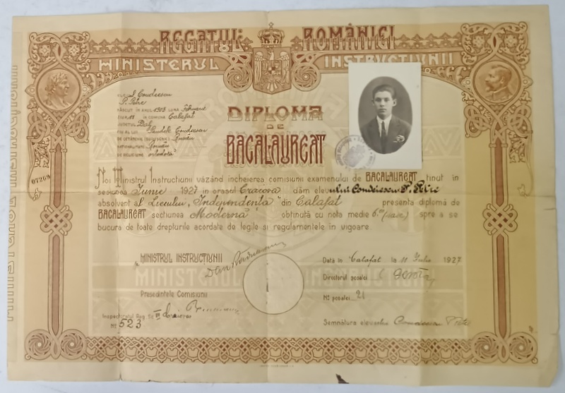 DIPLOMA DE BACALAUREAT EMISA DE LICEUL ' INDEPENDENTA ' DIN CALAFAT , 11 IULIE 1927