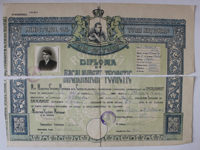 DIPLOMA DE BACALAUREAT , LICEUL ' B.P. HASDEU ' DIN BUZAU , 1945