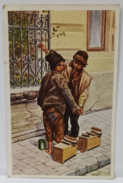 DOI COPII TIGANI LUSTRAGII , de pictorul BURGSTALLER , CARTE POSTALA , INTERBELICA