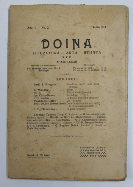 DOINA , REVISTA DE LITERATURA - ARTA - STIINTA , ANUL I , NR. 2 , IUNIE , 1914 , PREZINTA PETE SI URME DE UZURA