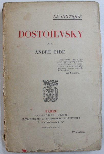 DOSTOIEVSKY par ANDRE GIDE , EDITIE INTERBELICA