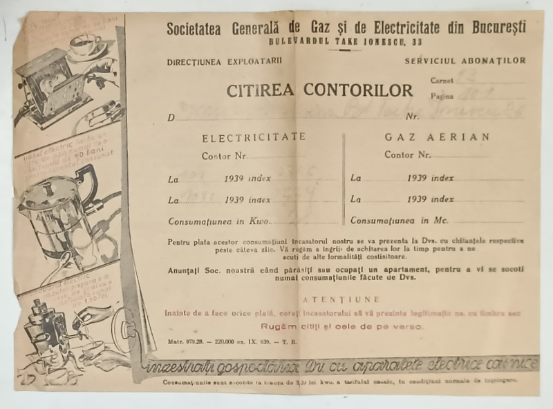 DOVADA PENTRU CITIREA CONTOARELOR DE GAZ SI ELECTRICITATE , 1939