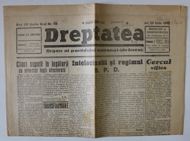 DREPTATEA , ORGAN AL PARTIDULUI NATIONAL- TARANESC , 26 IUNIE , 1946