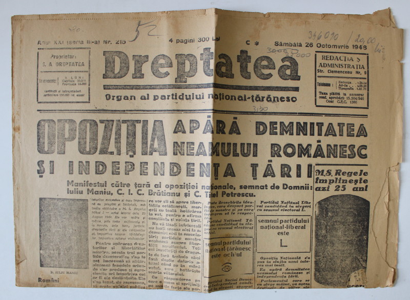 DREPTATEA , ORGAN AL PARTIDULUI NATIONAL- TARANESC , 26 OCTOMBRIE , 1946