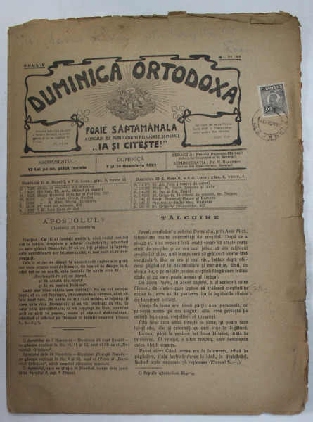 DUMINICA ORTODOXA , FOAIE SAPTAMANALA , ANUL IV , NR. 11- 12  , DUMINICA 7 si 14  NOIEMBRIE , 1921