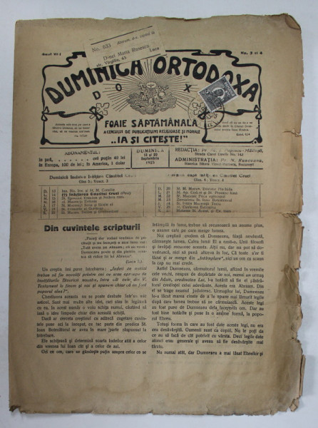 DUMINICA ORTODOXA , FOAIE SAPTAMANALA , ANUL VIII , NR. 3 - 4   , DUMINICA 13 SI 20 SEPTEMBRIE , 1925